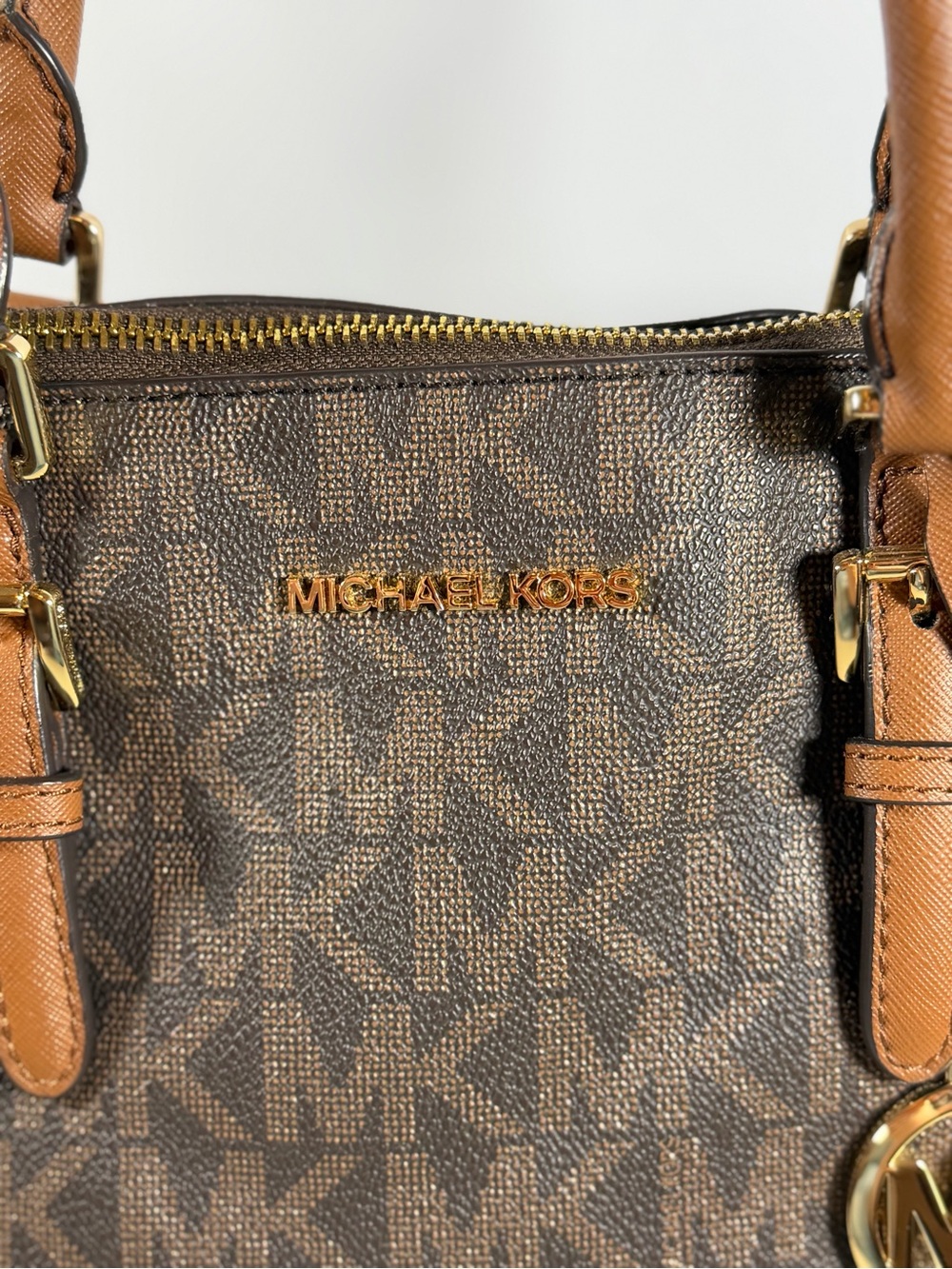 Michael Kors Brown Logo Dome Satchel with Tan Trim and Gold Hardware - Picture 4 of 9